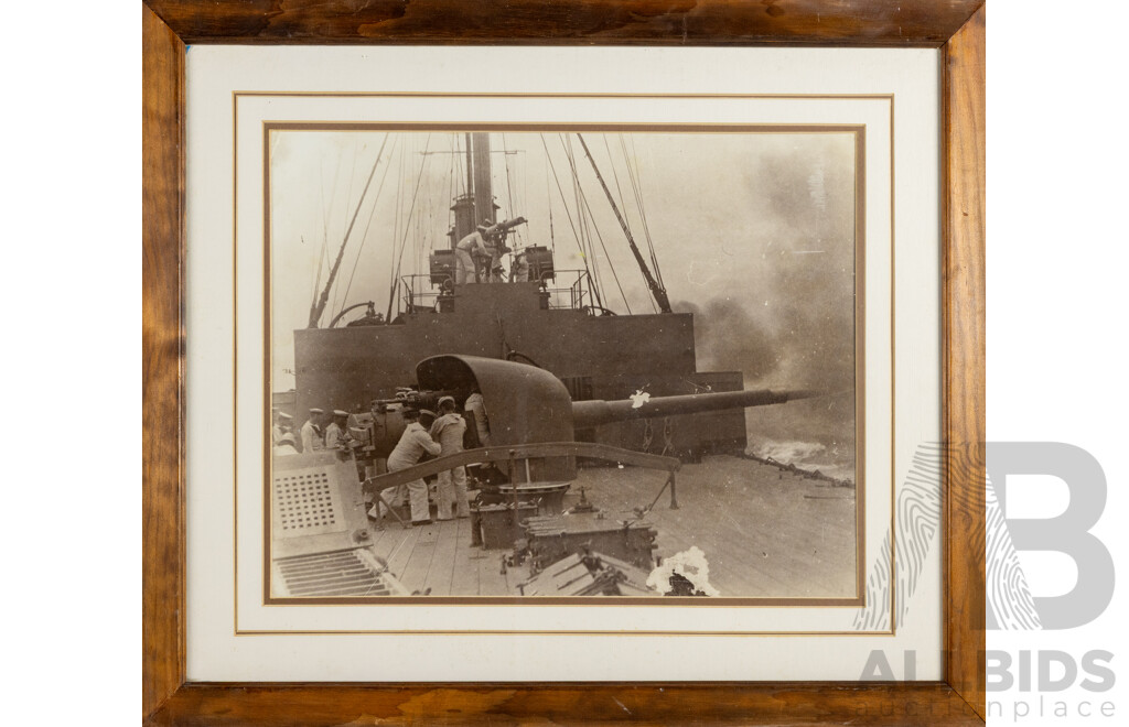 Artist Unknown, (20th Century), Gunnery Practice on Unknown Naval War Ship (cWWI), Vintage Reproduction Print After Original Photograph, 62 x 72 cm (frame)