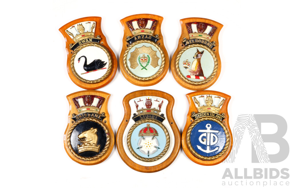 Collection of Six Vintage Royal Australian Navy and Other Military Plaques on Wooden Shields