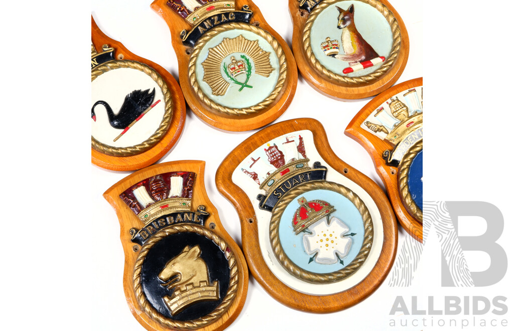 Collection of Six Vintage Royal Australian Navy and Other Military Plaques on Wooden Shields
