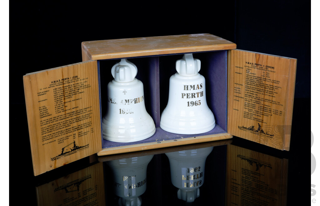 Pair Commemorative Bell Form Decanters, HMAS Amphon & HMAS Perth, in Presentation Box