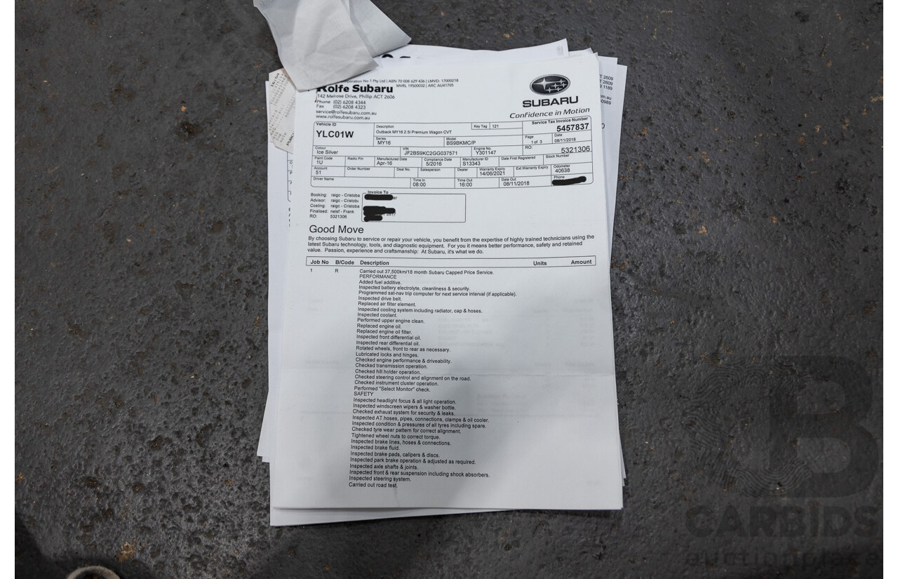 06/2016 Subaru Outback 2.5i Premium (AWD) MY16 4d Wagon Ice Silver Metallic 2.5L