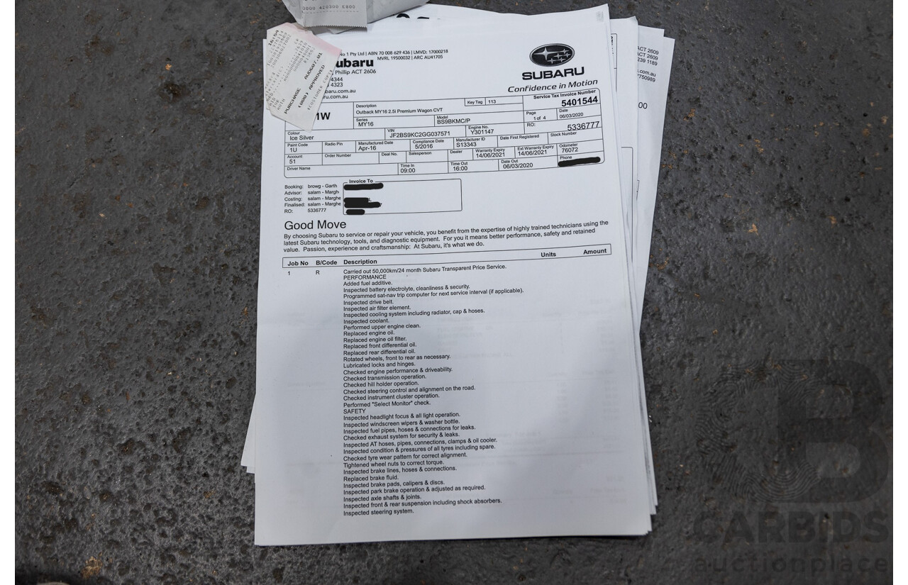 06/2016 Subaru Outback 2.5i Premium (AWD) MY16 4d Wagon Ice Silver Metallic 2.5L