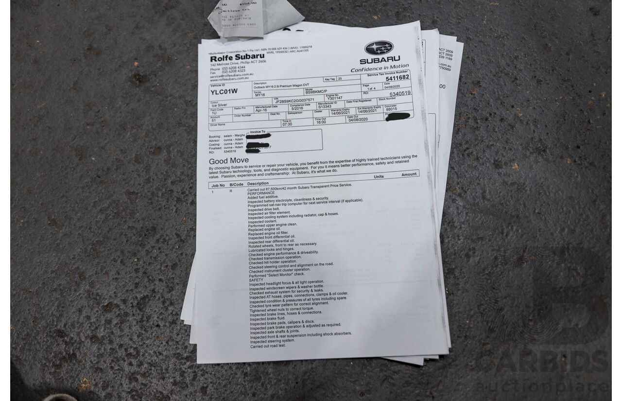 06/2016 Subaru Outback 2.5i Premium (AWD) MY16 4d Wagon Ice Silver Metallic 2.5L