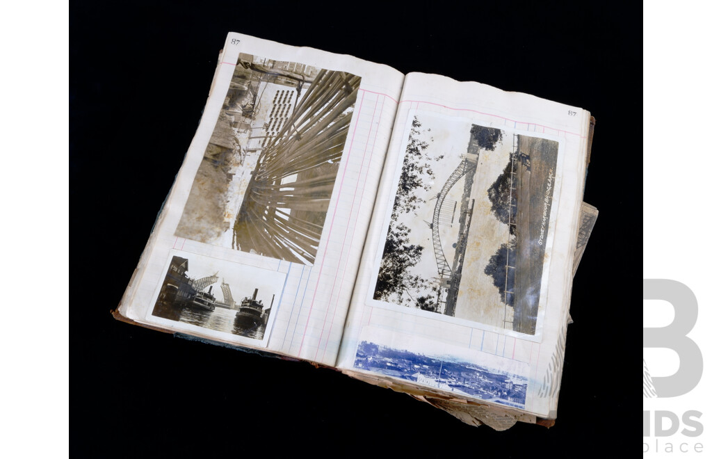 RETURN to VENDOR Rare and Interesting Vintage 1930s Sydney Harbour Bridge Scrap Book with Construction Photographs, Newspaper Clippings