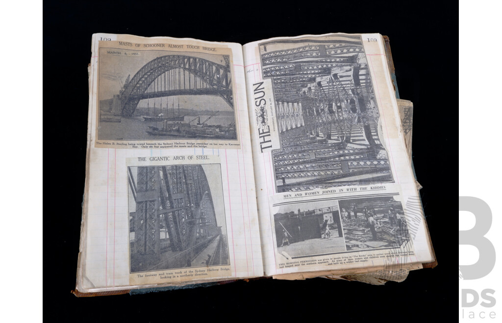 RETURN to VENDOR Rare and Interesting Vintage 1930s Sydney Harbour Bridge Scrap Book with Construction Photographs, Newspaper Clippings
