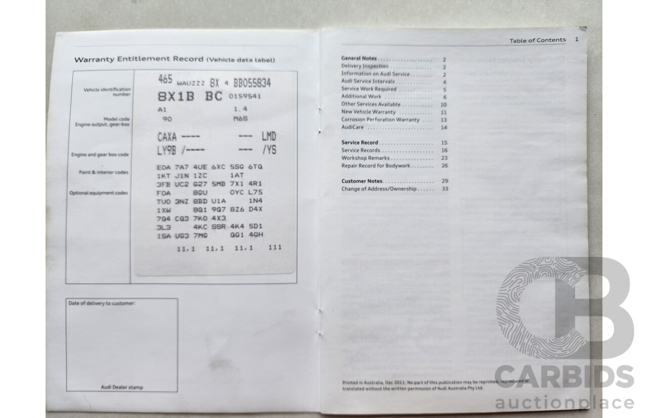 1/2012 Audi A1 1.4 TFSI Ambition 8X MY12 3d Hatchback Black 1.4L