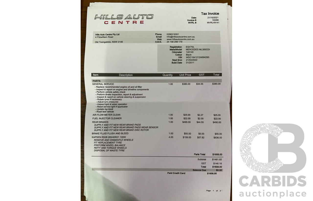 3/2011 Mercedes-Benz ML 300 CDI BlueEfficiency AMG Sports (4x4) 164 MY11 4d Wagon Obsidian Black Metallic Turbo Diesel 3.0L