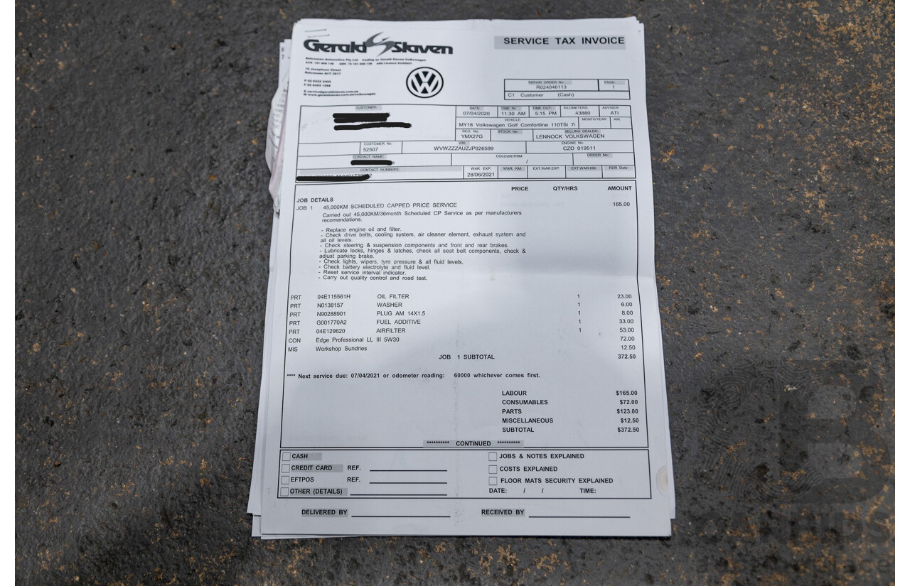 12/2017 Volkswagen Golf 110 TSI Comfortline Mk7.5 AU MY18 5d Hatchback Pure White Turbo 1.4L