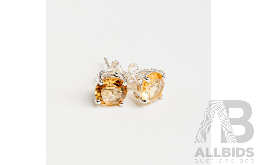 NEW - Sterling Silver Citrine Stud Earrings, 7.8mm, 2.36 Grams