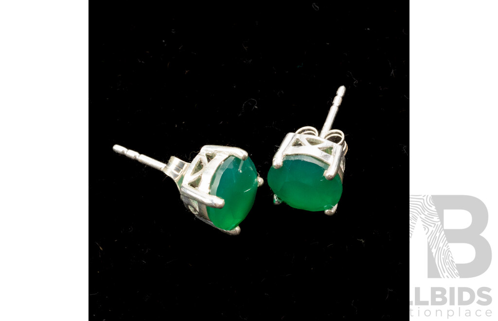 NEW - Sterling Silver Green Onyx Stud Earrings, 8.3mm, 2.20 Grams