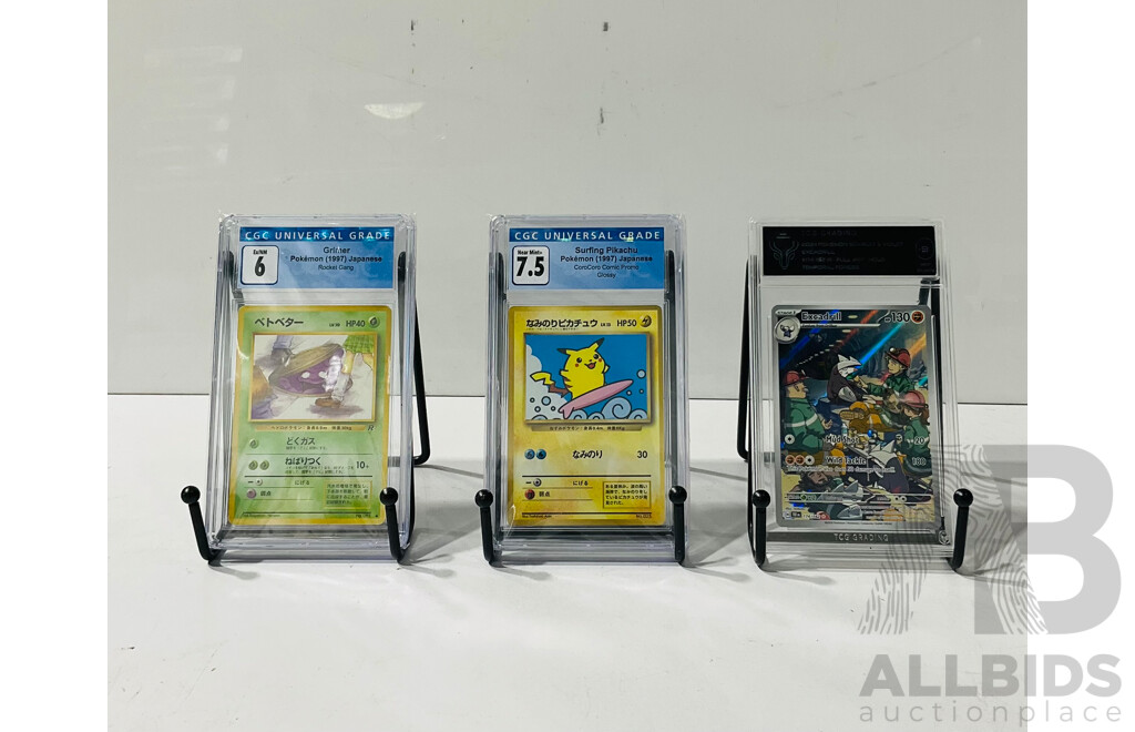 Pokémon TCG 1997 Surfing Pikachu CoroCoro Comic Promo Graded 7.5, 1997 Rocket Gang Grimmer Graded 6 and 2024 Scarlet & Violet Temporal Forces Excadrill #174 Graded 9