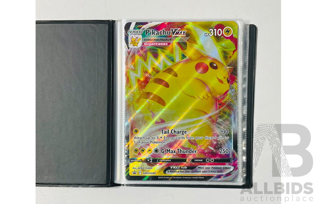 Collection of Oversized and Foil Pokemon TCG Cards Including Pikachu Vmax, Morpeko Vunion, Oversized Reshiram and Charizard Tag Team GX, Oversized Kingdra EX and Much More