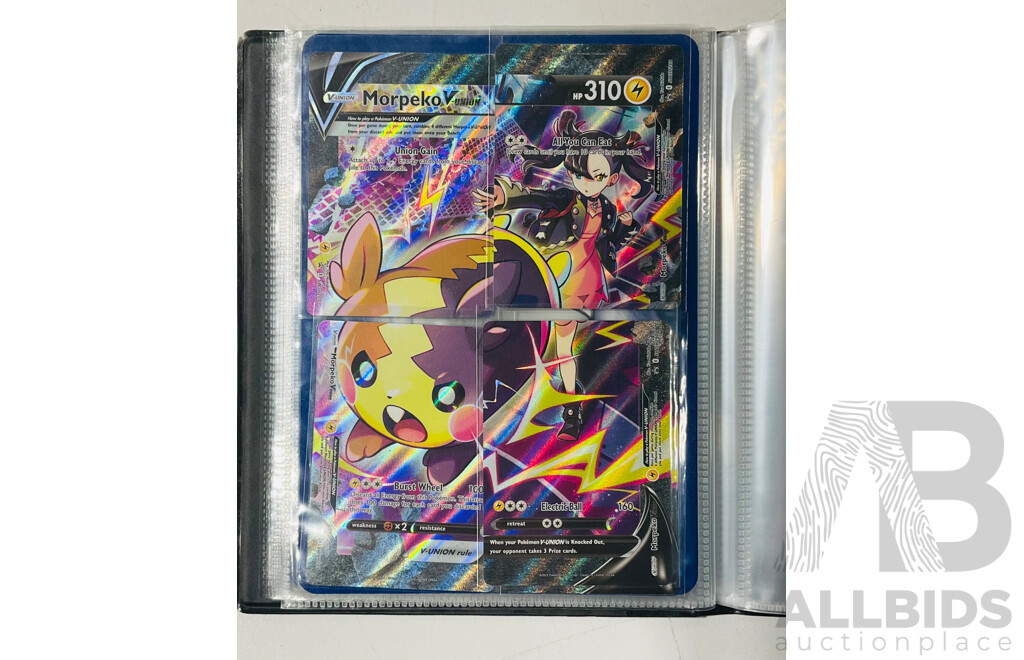 Collection of Oversized and Foil Pokemon TCG Cards Including Pikachu Vmax, Morpeko Vunion, Oversized Reshiram and Charizard Tag Team GX, Oversized Kingdra EX and Much More