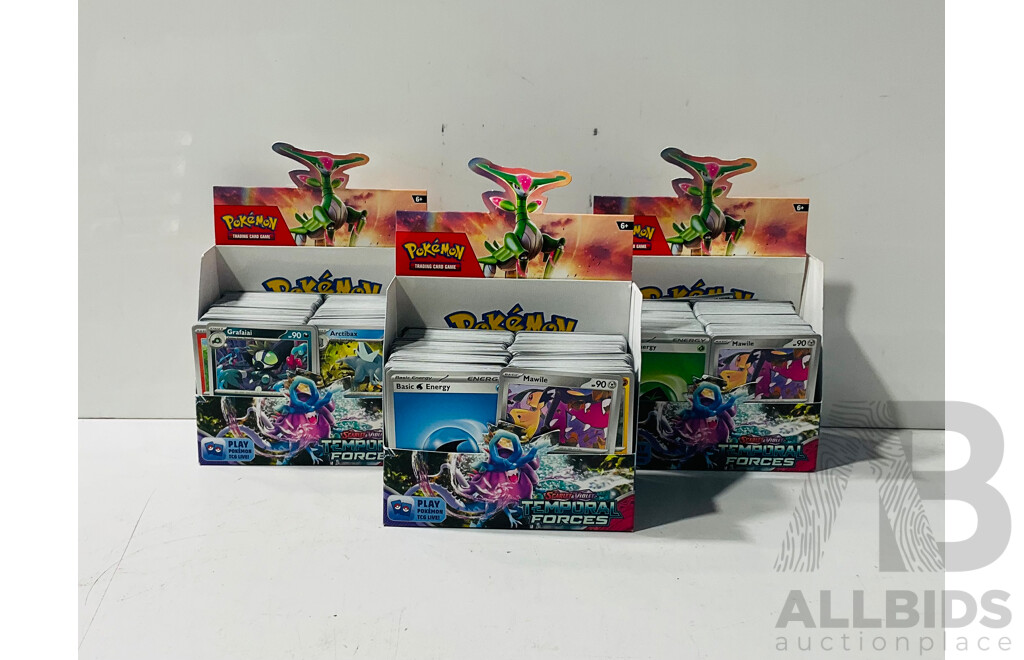 Large Collection of Pokemon TCG Cards From Scarlet & Violet Temporal Forces Including Three Empty Booster Box Boxes