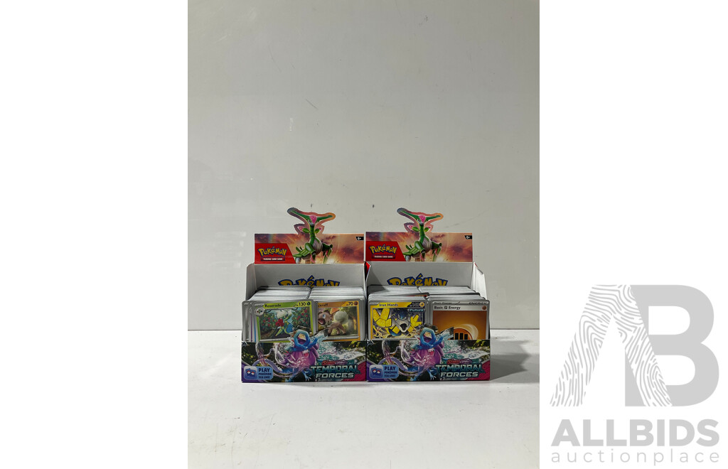 Collection of Pokemon TCG Cards From Scarlet & Violet Temporal Forces Including Two Empty Booster Box Boxes