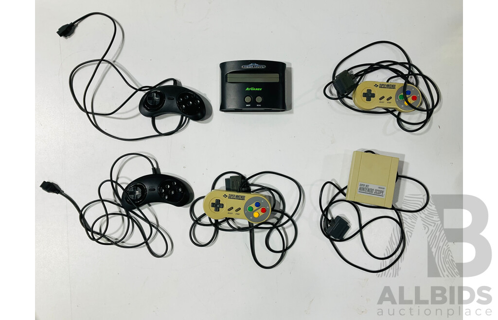 Collection of Retro Video Game Controllers, Sega Megadrive and Super Nes Nintendo Scope