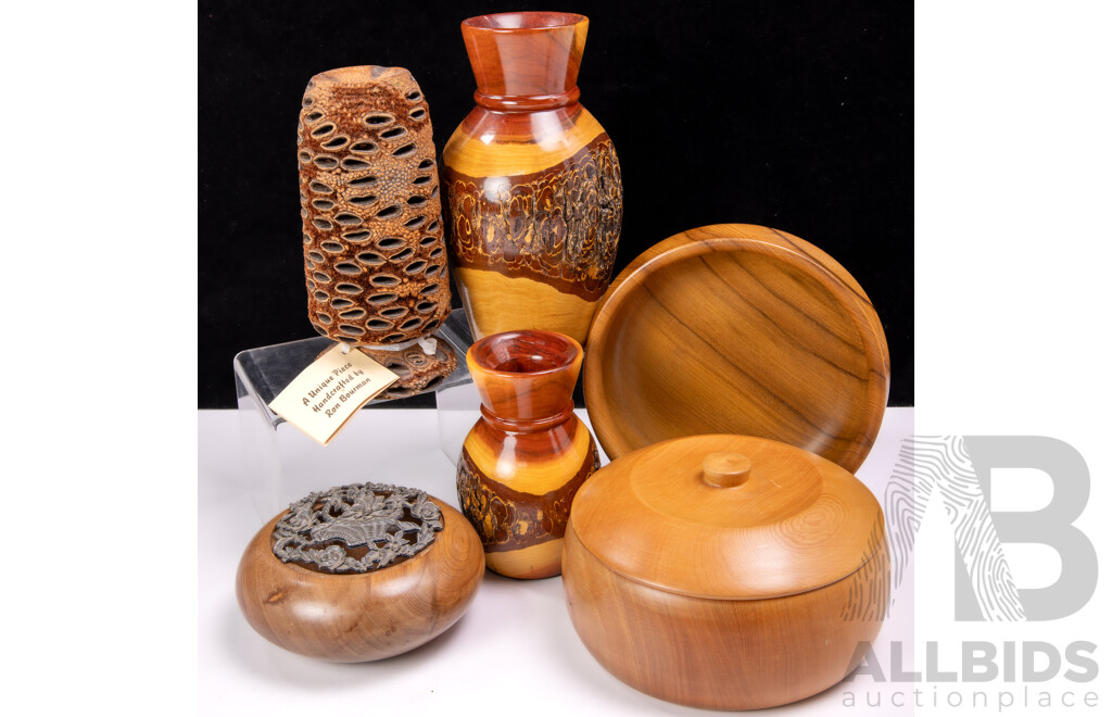 Collection Australian Hand Turned Studio Woodwork Pieces Including Two John Harlow Dead Finished Vases, Huon Pine Round Lidded Vessel and More