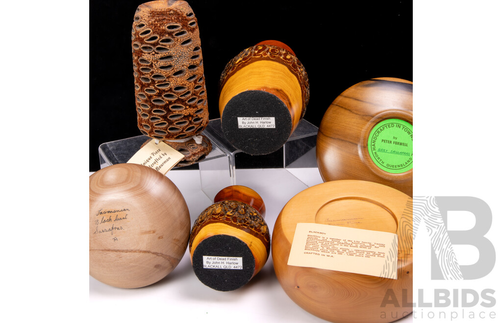 Collection Australian Hand Turned Studio Woodwork Pieces Including Two John Harlow Dead Finished Vases, Huon Pine Round Lidded Vessel and More