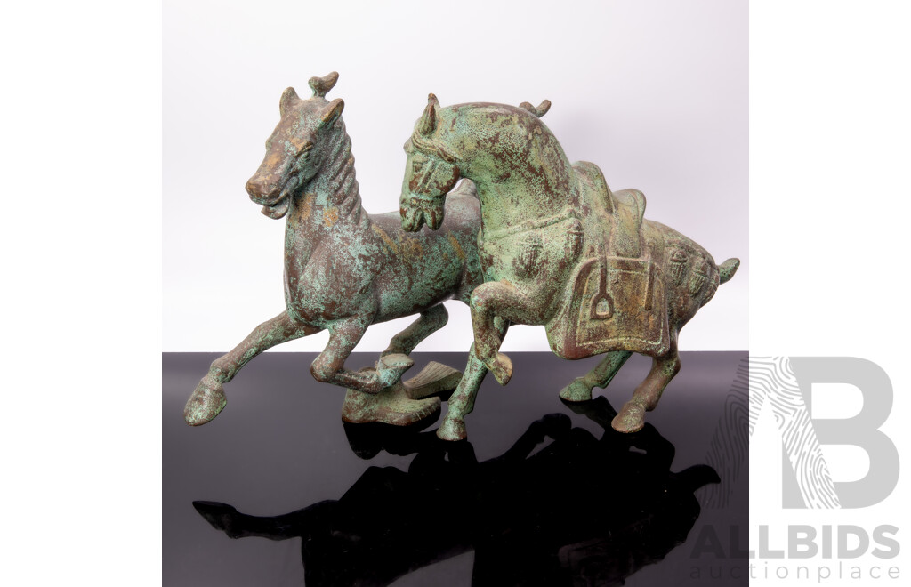 Two Chinese Antique Style Metal Patinated Equine Figures