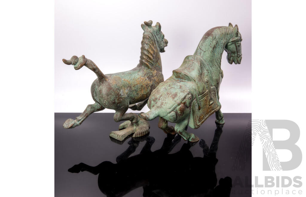 Two Chinese Antique Style Metal Patinated Equine Figures