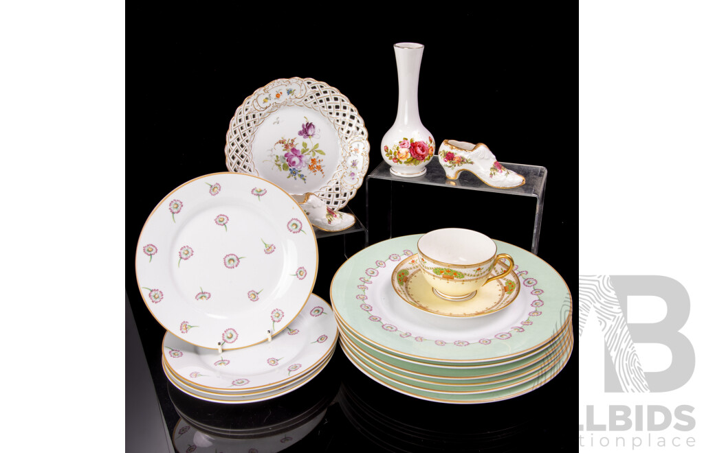 Royal Albert Old Country Roses Vase and Pair Shoes, Antique Royal Worcester Porcelain Duo, Ten Pieces Royal Albert in Daisy Chain & Vintage Meissen Plate