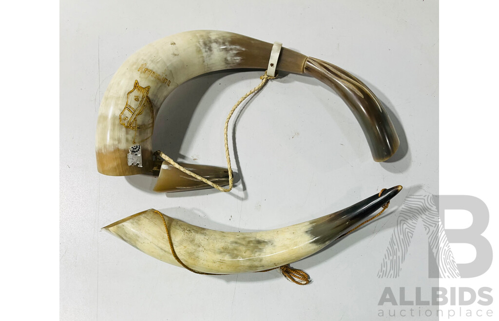 Collection of Reproduction Horn Items Including Horn Flask and More