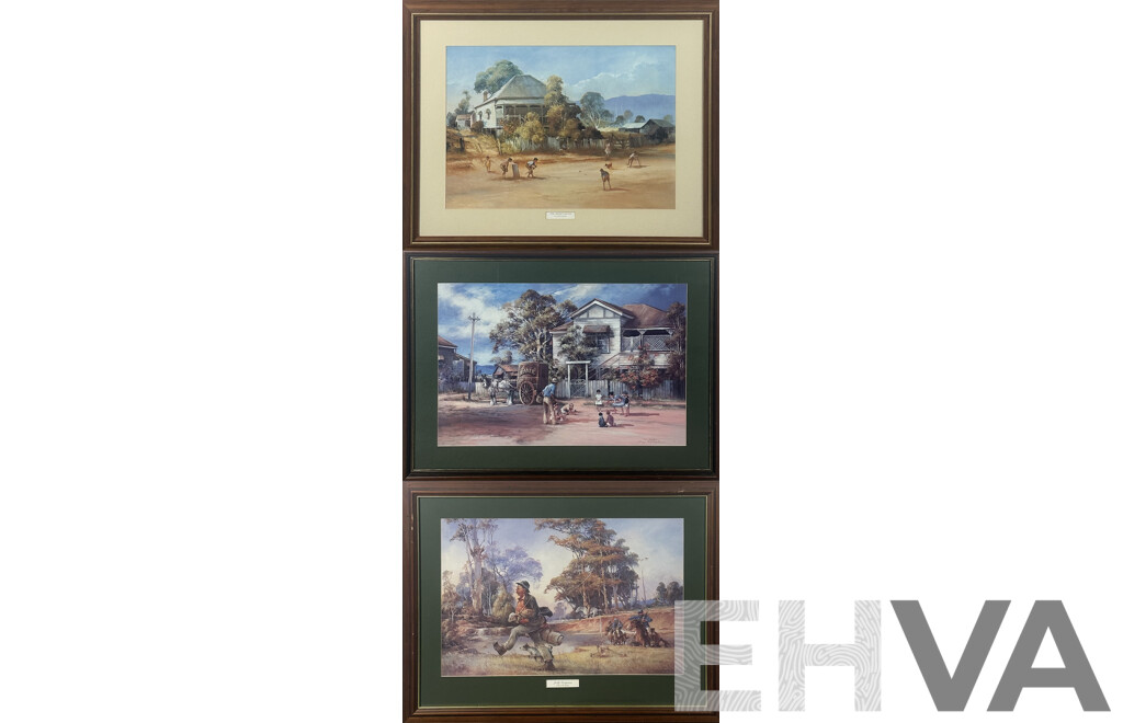 d'Arcy W. Doyle, (20th Century, Australian, 1932-2001), Jolly Swagman, for Keeps & The Cricket Match, Quality Reproduction Prints of Original Oils, 74 x 101 cm (largest frame) (3)