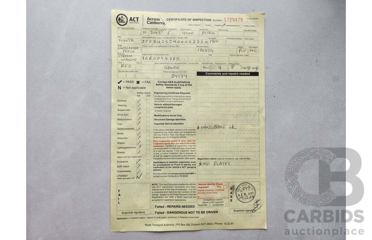 10/2003 Toyota Landcruiser Prado Grande (4x4) GRJ120R 4d Wagon Maroon 4.0L