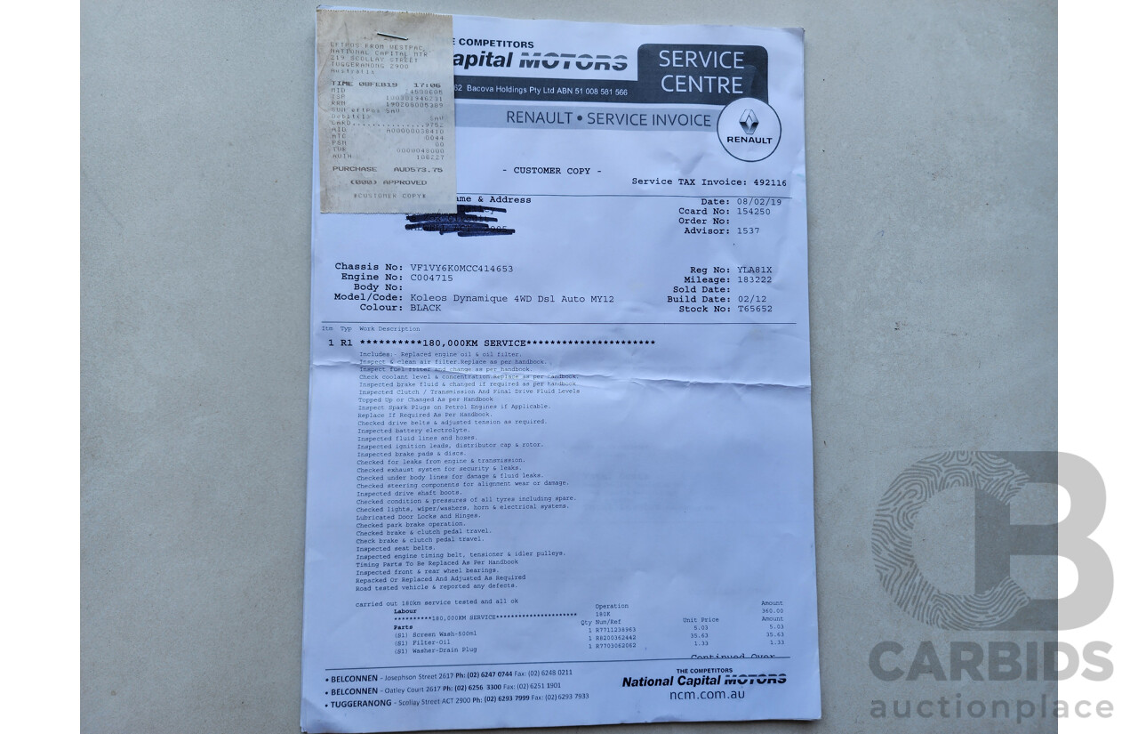 7/2012 Renault Koleos Dynamique (4x4) H45 PHASE II 4d Wagon Black 2.0L