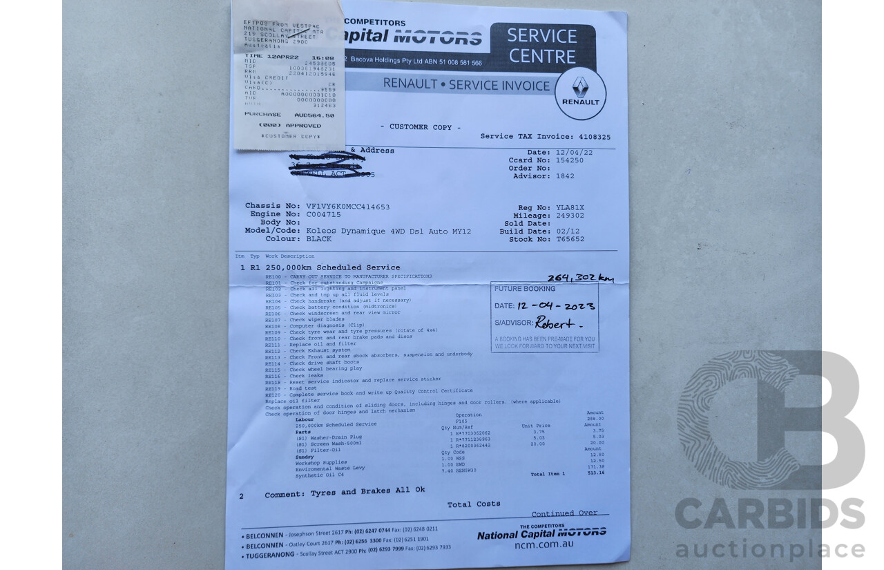 7/2012 Renault Koleos Dynamique (4x4) H45 PHASE II 4d Wagon Black 2.0L