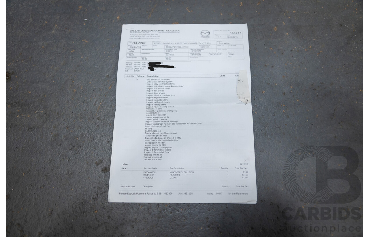3/2015 Mazda BT50 XTR (4x4) MY15 Freestyle Utility White Turbo Diesel 3.2L
