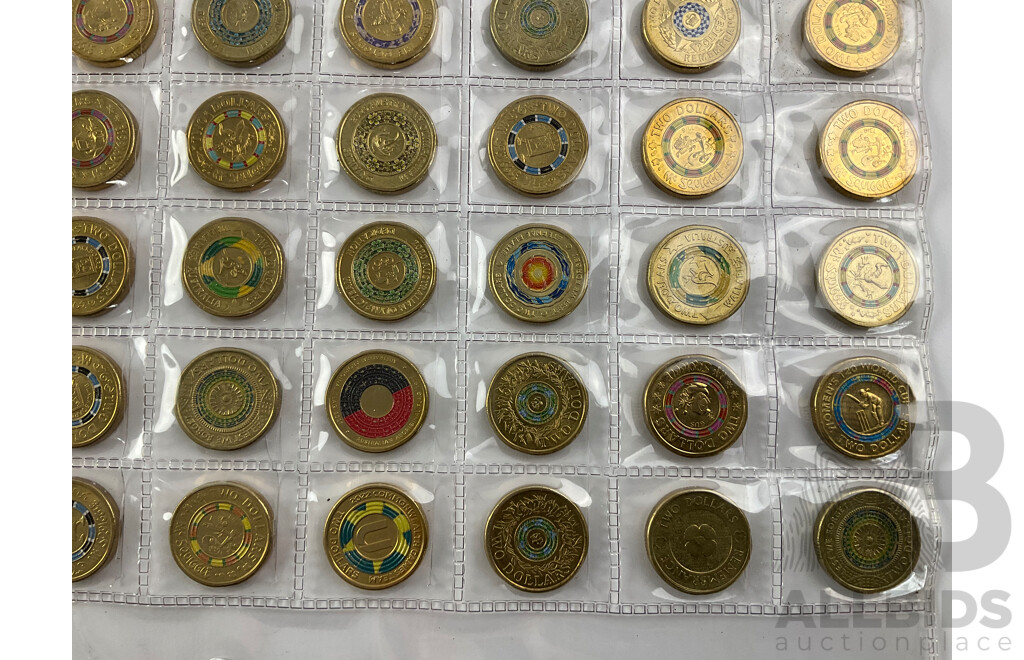 Seventy Two Australian Commemorative Two Dollar Coins Including 2021 Aboriginal Flag, 2016 Fifty Years Decimal Currency and More