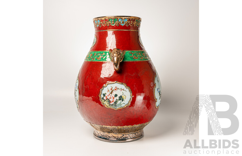 Large Chinese Hand Decorated Porcelain Vase with Twin Elephant Form Handles & Avian Theme, in Presentation Box