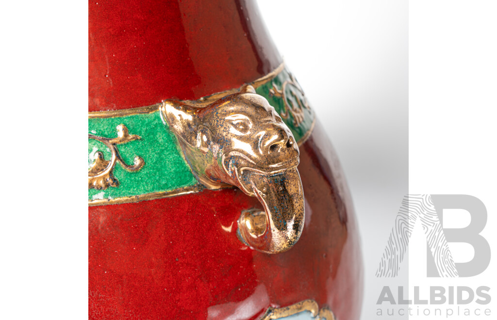 Large Chinese Hand Decorated Porcelain Vase with Twin Elephant Form Handles & Avian Theme, in Presentation Box