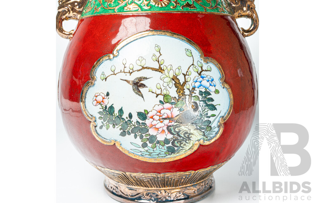 Large Chinese Hand Decorated Porcelain Vase with Twin Elephant Form Handles & Avian Theme, in Presentation Box