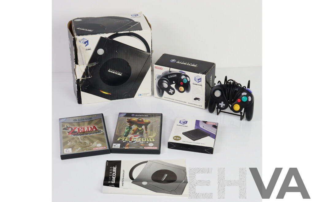 Vintage Nintendo GameCube in Original Box with Two Nintendo GameCube Controllers, One in Original Box, Nintendo GameCube Memory Card 251, Metroid Prime in Original Case and Legend of Zelda the Windwaker in Original Case