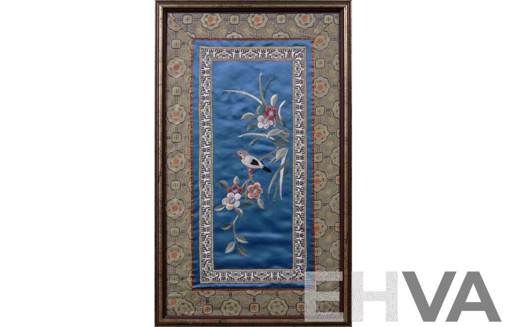 Chinese School, (c Late 1800s/Early 1900s), Antique Mandarin Sleeve Featuring Hwamei Bird on Blossoms, Finely Embroidered Silk Brocade Panel, 45 X 27 cm (frame)