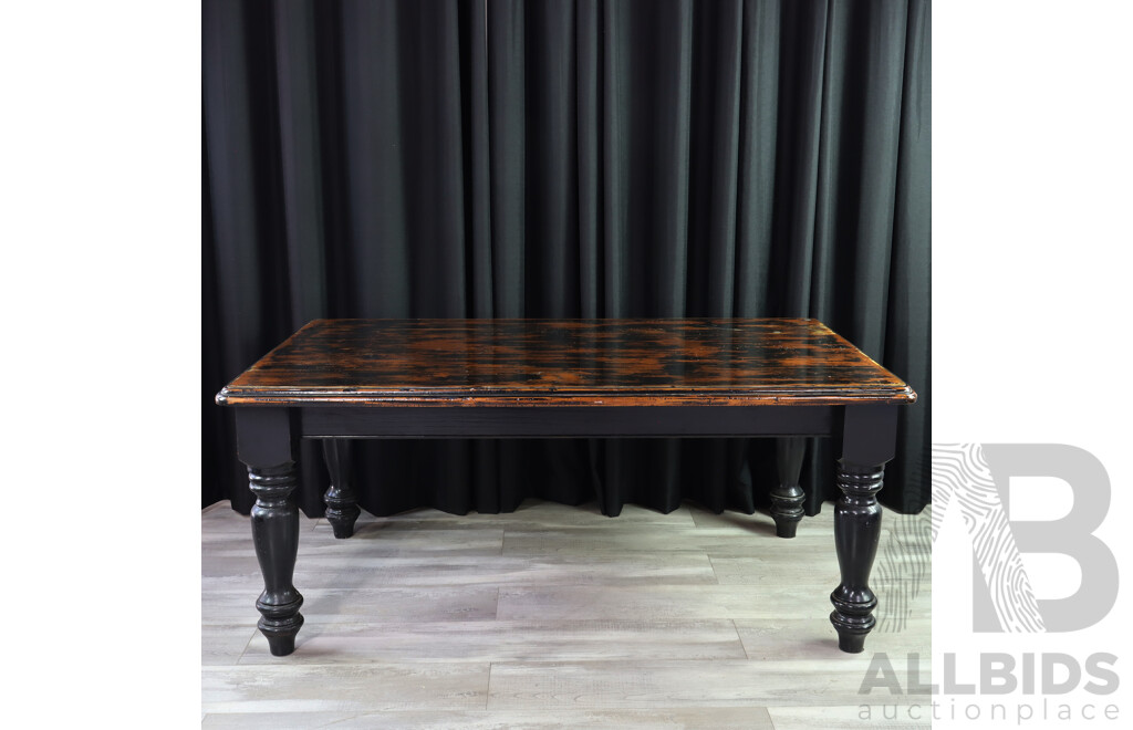 Rustic Finished Dining Table with Applied 1956 Shilling and Set of Six Rush Seat Bining Chairs 