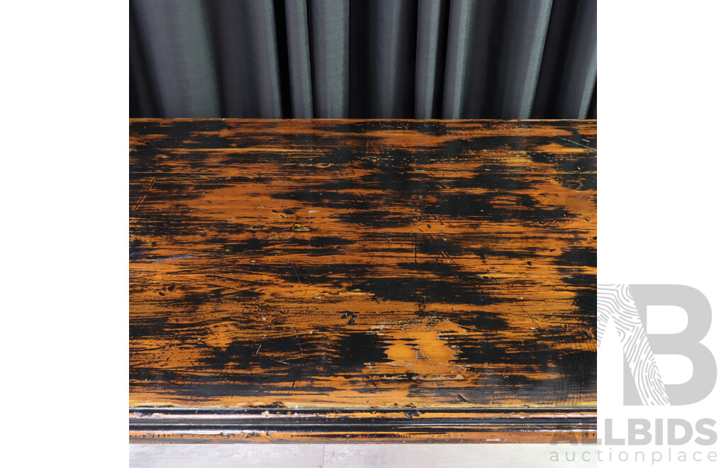 Rustic Finished Dining Table with Applied 1956 Shilling and Set of Six Rush Seat Bining Chairs 