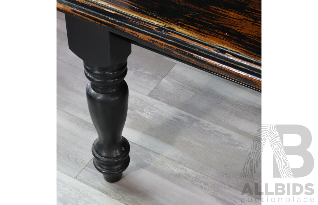 Rustic Finished Dining Table with Applied 1956 Shilling and Set of Six Rush Seat Bining Chairs 