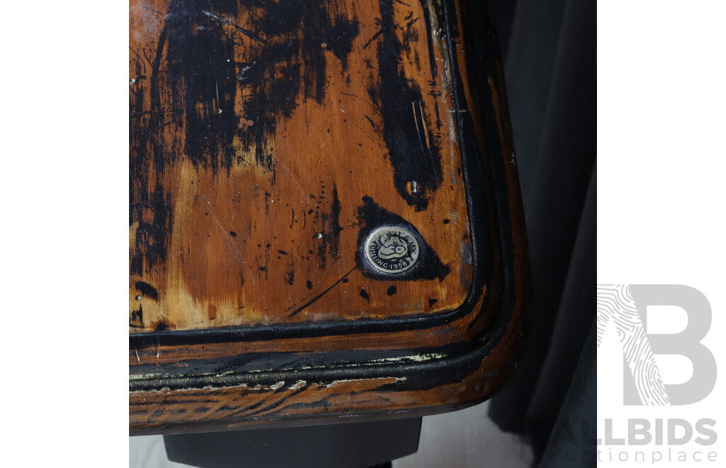 Rustic Finished Dining Table with Applied 1956 Shilling and Set of Six Rush Seat Bining Chairs 