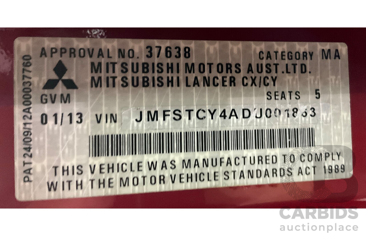 1/2013 Mitsubishi Lancer LX CJ MY13 4d Sedan Red Metallic 2.0L