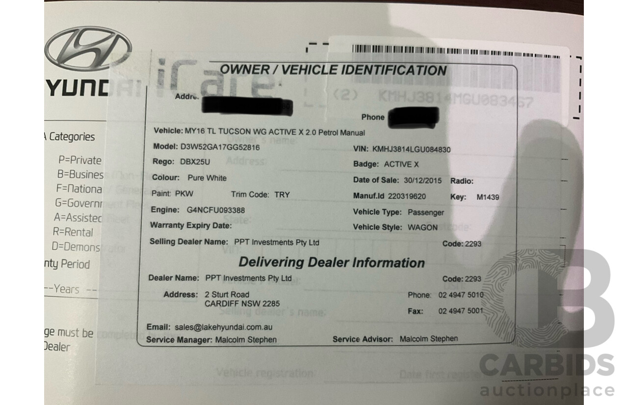 10/2015 Hyundai Tucson Active X (FWD) TL 4d Wagon Pure White 2.0L