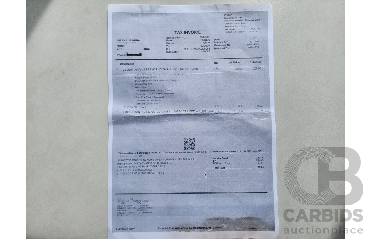 2/2004 Honda CRV (4x4) MY04 4d Wagon Black 2.4L