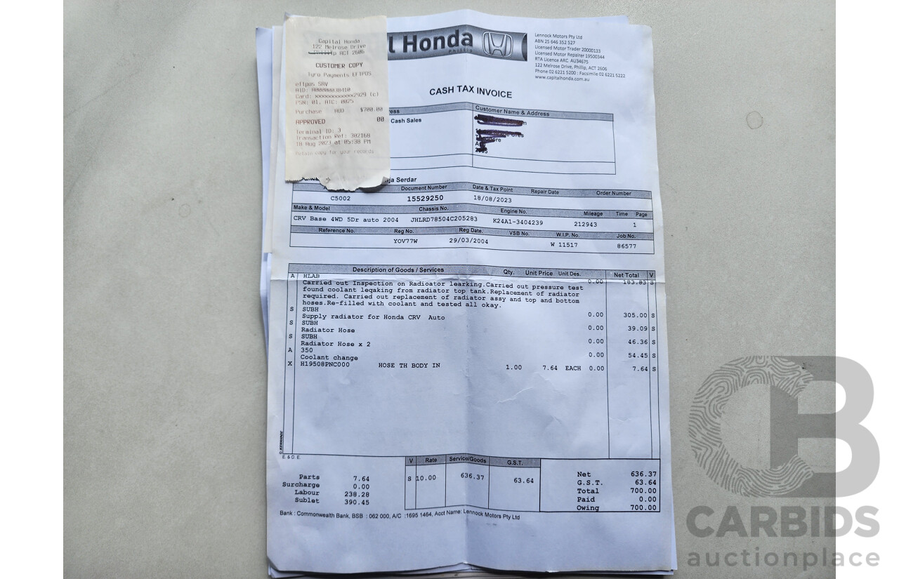 2/2004 Honda CRV (4x4) MY04 4d Wagon Black 2.4L