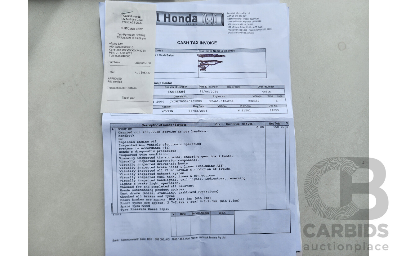 2/2004 Honda CRV (4x4) MY04 4d Wagon Black 2.4L