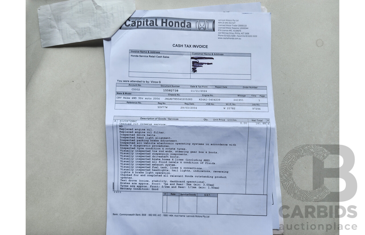 2/2004 Honda CRV (4x4) MY04 4d Wagon Black 2.4L