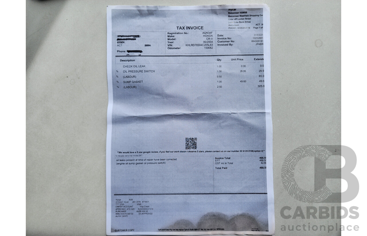 2/2004 Honda CRV (4x4) MY04 4d Wagon Black 2.4L