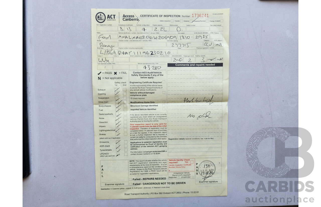 08/2013 Ford Ranger XL 2.2 (4x2) RWD PX C/Chas White 2.2L