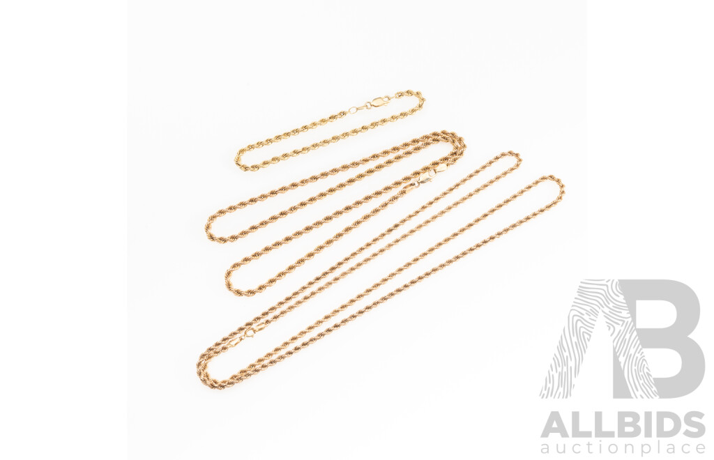 9ct (2) Vintage Rope Link Necklaces, 75/50cm & Matching Bracelet, 20cm, 11.85 Grams